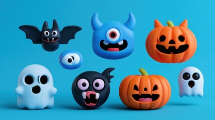 Obraz premium Cute Halloween clipart, expressive monster faces, bats, pumpkins and ghosts, bright studio background, 3D render illustration. 