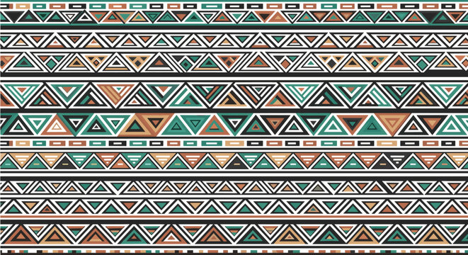 Intricate tribal pattern featuring horizontal rows of geometric triangles and rectangles in a palette of green, brown, black, and white.