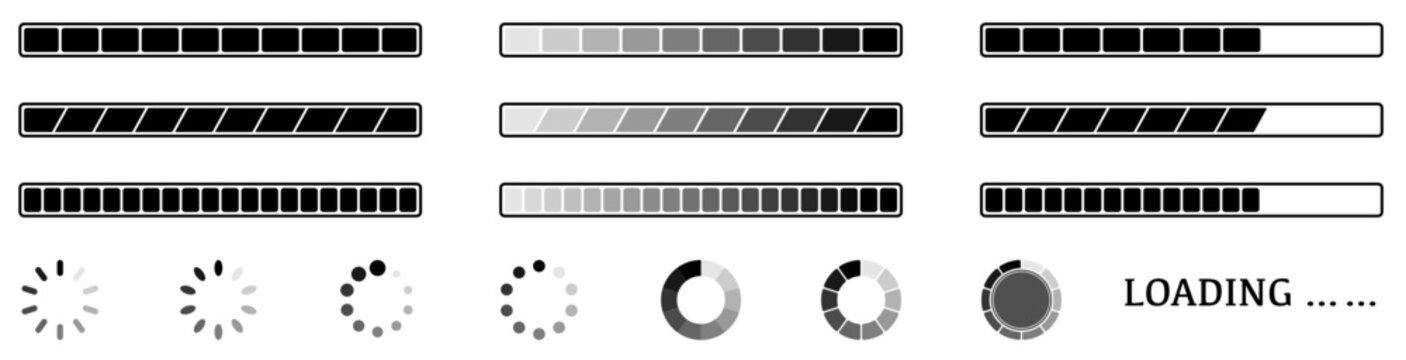 Progress download status or loading bar indicator icons.