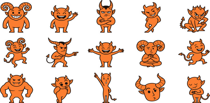 Set of cute hand drawn orange devil monster characters in various funny poses