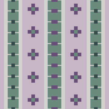 Seamless Geometric Tribal Pattern with Pixel Crosses and Vertical Stripes in Lavender and Sage Green