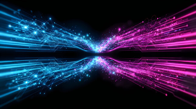 Abstract background featuring vibrant blue and pink light streaks converging in the center creating a dynamic digital effect against a deep black void space backdrop