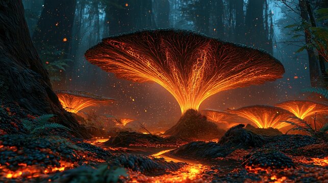 Glowing mushrooms in a dark, mystical forest