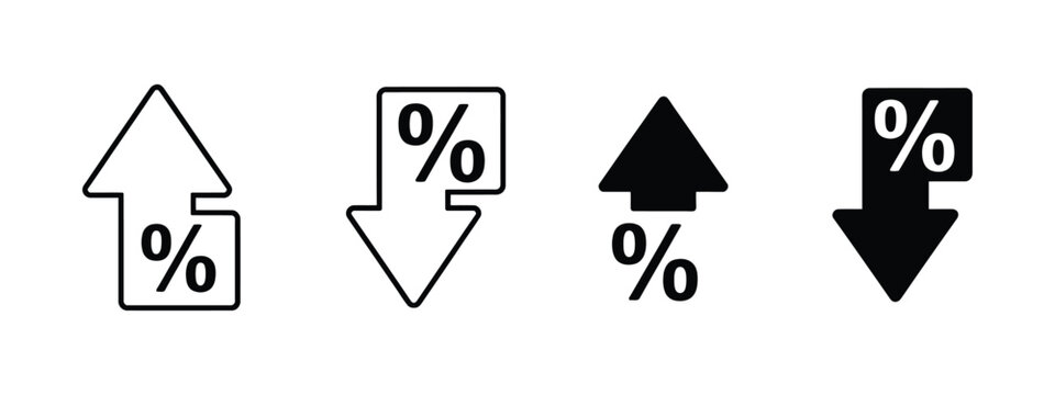 Percentage rate arrow icon set, up and down percent symbols representing price changes, profit, financial growth, decline, business analytics, and market trends.