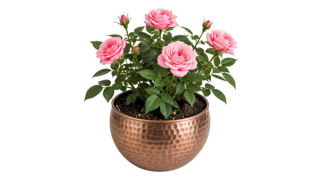 Pink Roses in Hammered Copper Pot Isolated