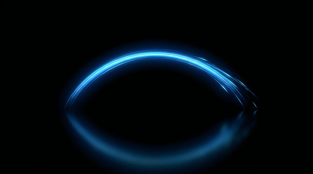 A glowing blue circular ring of light floating in deep darkness creating a futuristic portal effect with soft particles and ethereal energy motion blur lines