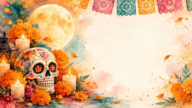 Watercolor Day of the Dead celebration greeting with glowing moonlight - ai generative