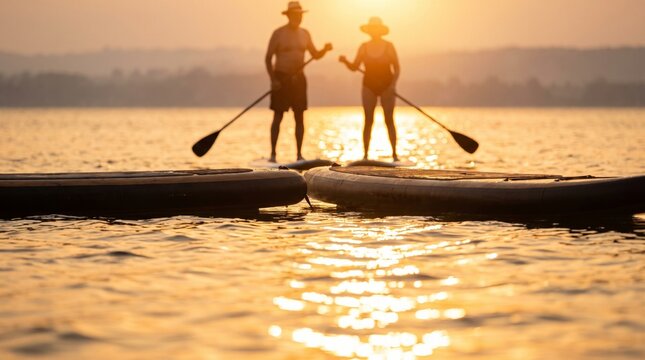 Couple stand up paddleboarding at golden sunrise on calm lake