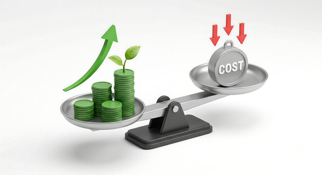Business balance concept showing cost reduction and financial growth with a seesaw, weight, and rising coin stacks on white background.
Concept of low cost & high growth.