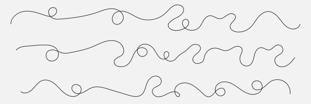 Long wavy thread set. Hand drawn vector swirls and dividers. Curls abstract scribble. Minimal black lines. Simple vintage elements isolated on white background. Vector illustration. Editable stroke . 