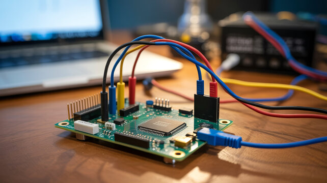 Close-up of a green electronic circuit board with colorful jumper wires connected to a computer for hardware development and testing in a modern laboratory environment on a wooden desk surface.