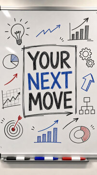 Whiteboard with hand drawn business charts arrows and "YOUR NEXT MOVE" text concept