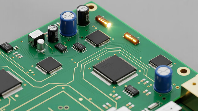 Close-up view of a green printed circuit board featuring integrated circuits, capacitors, and glowing surface-mount LED components for modern electronic hardware engineering and technology design.