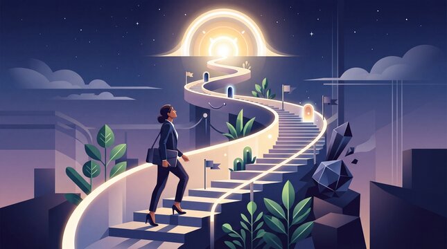 Determined businesswoman climbing a glowing winding staircase towards a bright light in a starry sky, representing a career success journey, personal growth, and achieving ambitious future goals.