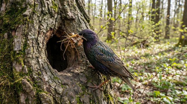 European Starling with nesting material near tree hollow in forest wildlife nature ornithology bird feeding spring season animal behavior