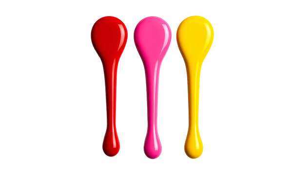 Three vibrant, glossy teardrop shapes, red, pink, and yellow, against a black background