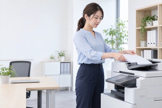 オフィスで書類をスキャンする日本人女性会社員