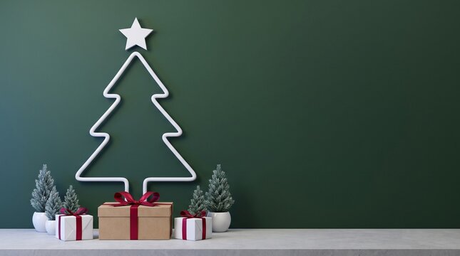 Minimalist Christmas Tree Outline on Dark Green Wall over Bedside Table with Gifts &ndash; Holiday Banner