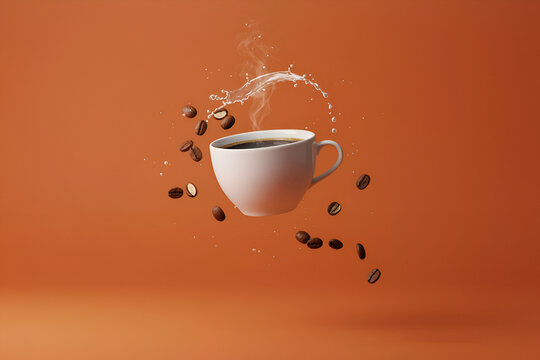 Floating coffee cup with splash droplets in zero gravity