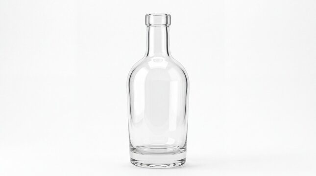 Empty transparent glass bottle with blank label area isolated on white background, realistic 3D render of a premium spirits, gin, or vodka bottle for product packaging design mockup