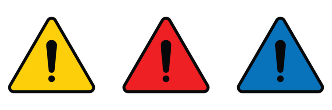 Set of colourful warning and danger triangular signs with exclamation marks
