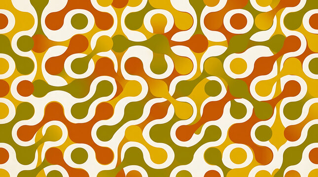 Retro pattern featuring interlocking organic shapes in warm autumn colors creates a seamless background.