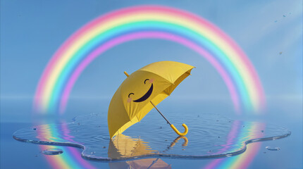 Obraz premium Smiling yellow umbrella floating in puddle under vibrant rainbow. Concept of optimism and positive attitude during rainy weather.