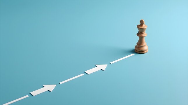 Chess king piece moving forward along a path of white arrows