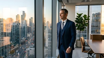 Fototapeta premium A formally dressed man stands near tall office gazing at a sprawling urban skyline bathed in warm golden light from the horizon