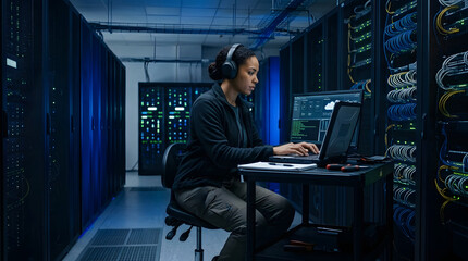 Fototapeta premium An individual seated at a workstation inside a data center focused on a screen while using a laptop and headset flanked by illuminated server racks