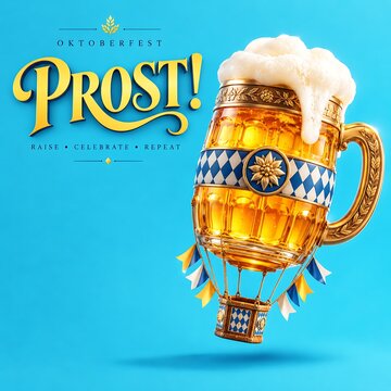 Ornate beer mug shaped like a hot air balloon flying against a bright blue background with beverage celebration festival octoberfest bavarian tradition