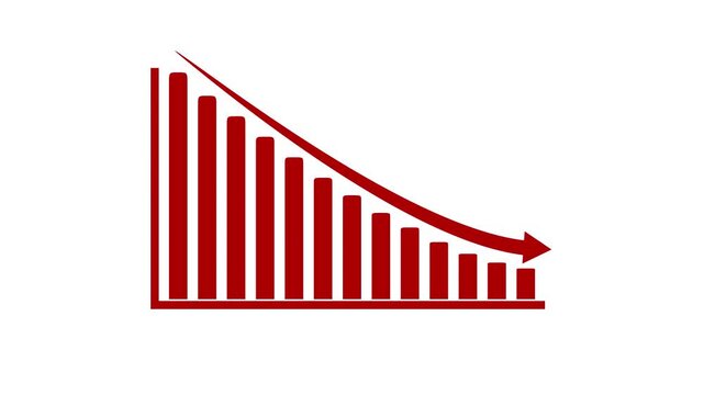 Red Declining Bar Chart with Downward Arrow on White Background Representing Falling Sales, Revenue, Market Performance, Financial Loss and Business Data Trends