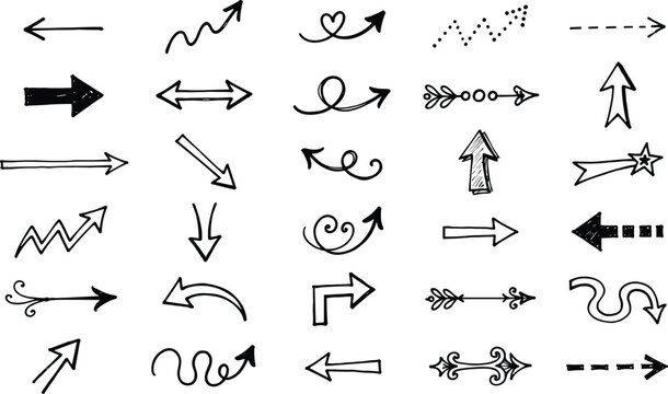 Hand drawn arrow vector illustration set featuring doodle pointers curly swirls dashed lines and rustic tribal indicators for creative graphic design layouts