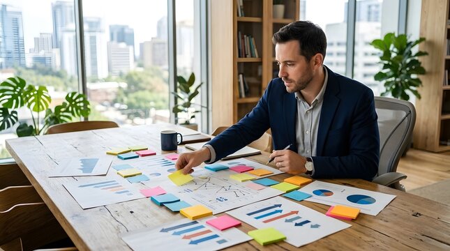 Man seated at a wooden desk reviewing printed graphs  colorful sticky notes  and documents while looking out over a modern urban skyline from floor to ceiling