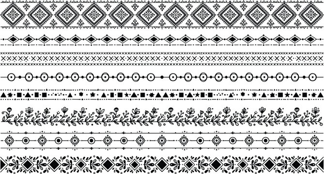 Ethnic seamless border vector pattern set featuring black tribal geometric ribbons and floral line dividers for bohemian textile lace embroidery graphic design