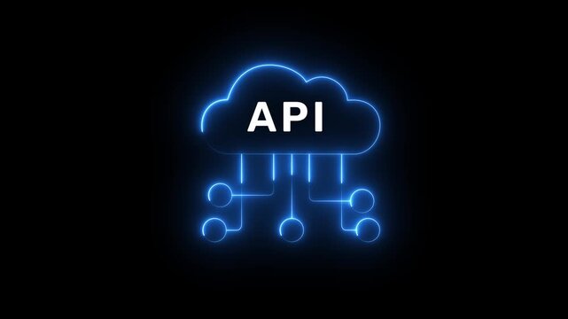 Neon blue cloud icon with API text and connecting lines on black background cloud computing application programming interface concept video on black background.