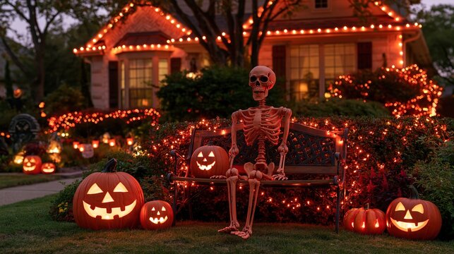 Spooky Halloween yard display featuring a skeleton sitting on a bench with glowing jack-o-lanterns