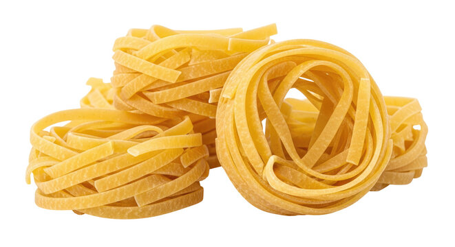 Close Up Shot of Tagliatelle Pasta Nests on Transparent Background Showing Yellow Color and Detailed Texture