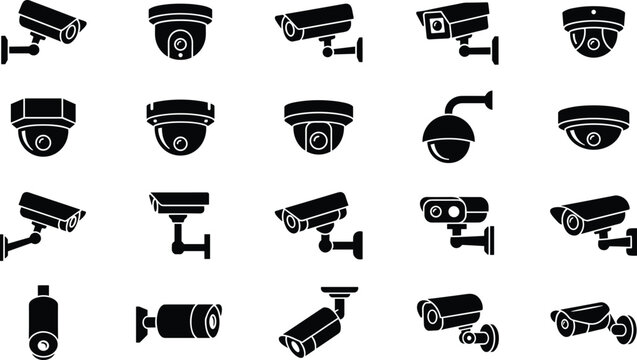 CCTV surveillance security camera vector icon set featuring black solid silhouettes of bullet and dome monitoring systems for protection graphic design