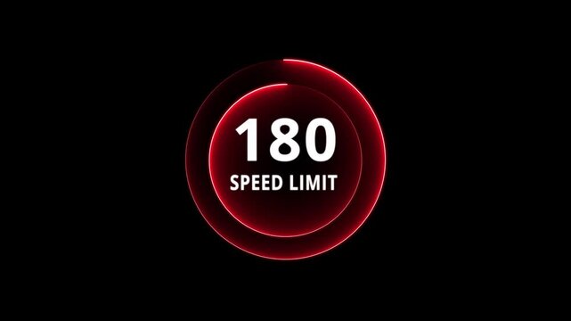 Dynamic road speed limit 180 graphic with futuristic blue neon glow effect on a black background for presentations and technology. Road speed limit 180 mph sign board,circle neon line template