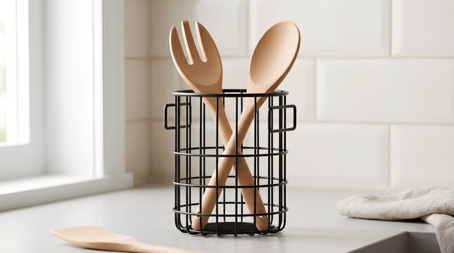 Wooden Salad Servers in Black Wire Basket Holder on Kitchen Countertop &ndash; Modern Houseware Banner
