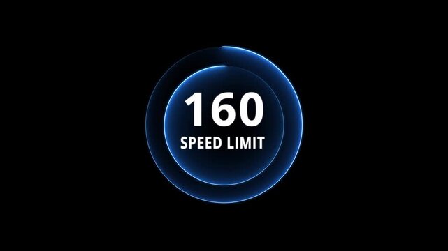 Dynamic road speed limit 160 graphic with futuristic blue neon glow effect on a black background for presentations and technology. Road speed limit 160 mph sign board,circle neon line template