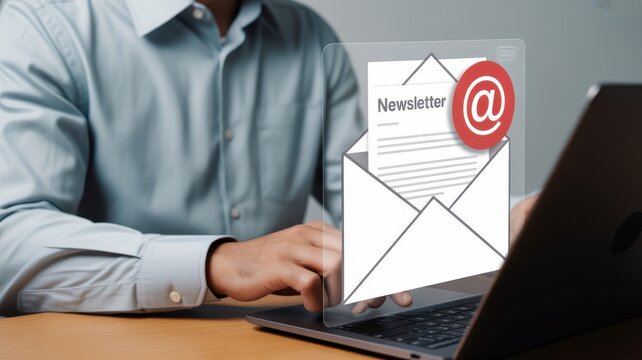 A Professional Man Interacting With A Digital Email Newsletter Interface On Laptop
