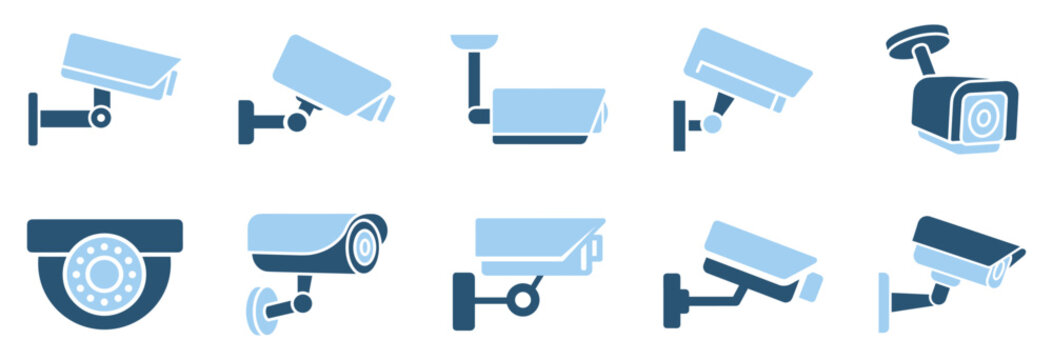 Surveillance camera icon set with dome and bullet camera designs on transparent background
