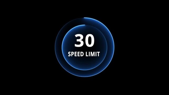 Dynamic road speed limit 30 graphic with futuristic blue neon glow effect on a black background for presentations and technology. Road speed limit 30 mph sign board,circle neon line template