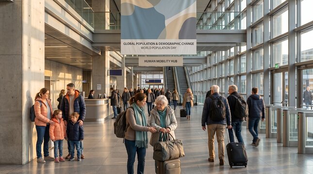 Diverse travelers with luggage moving through modern airport terminal during transit