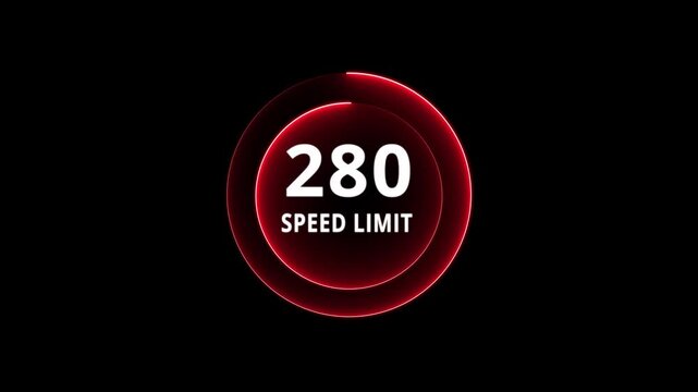 Dynamic road speed limit 280 graphic with futuristic blue neon glow effect on a black background for presentations and technology. Road speed limit 280 mph sign board,circle neon line template