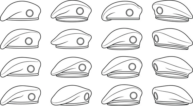 Military beret vector illustration set featuring line art icons of tactical army hats from multiple angles for graphic design and web elements