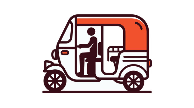 Tuk-tuk vector illustration showing a colorful traditional auto rickshaw transport vehicle with a driver 