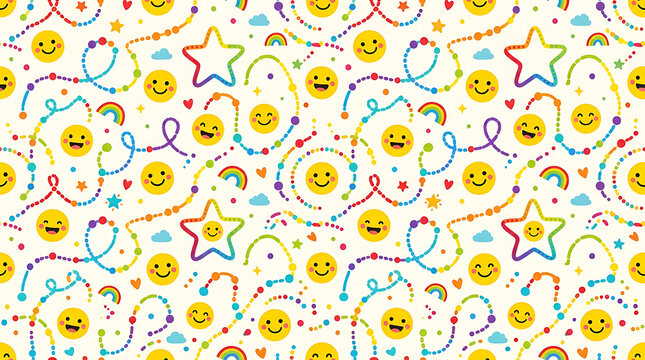 Yellow smiley faces and colorful stars create a playful seamless pattern on a cream background.